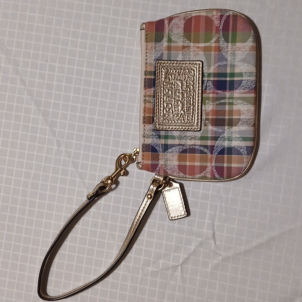 Coach Pastel And Gold Plaid Wristlet